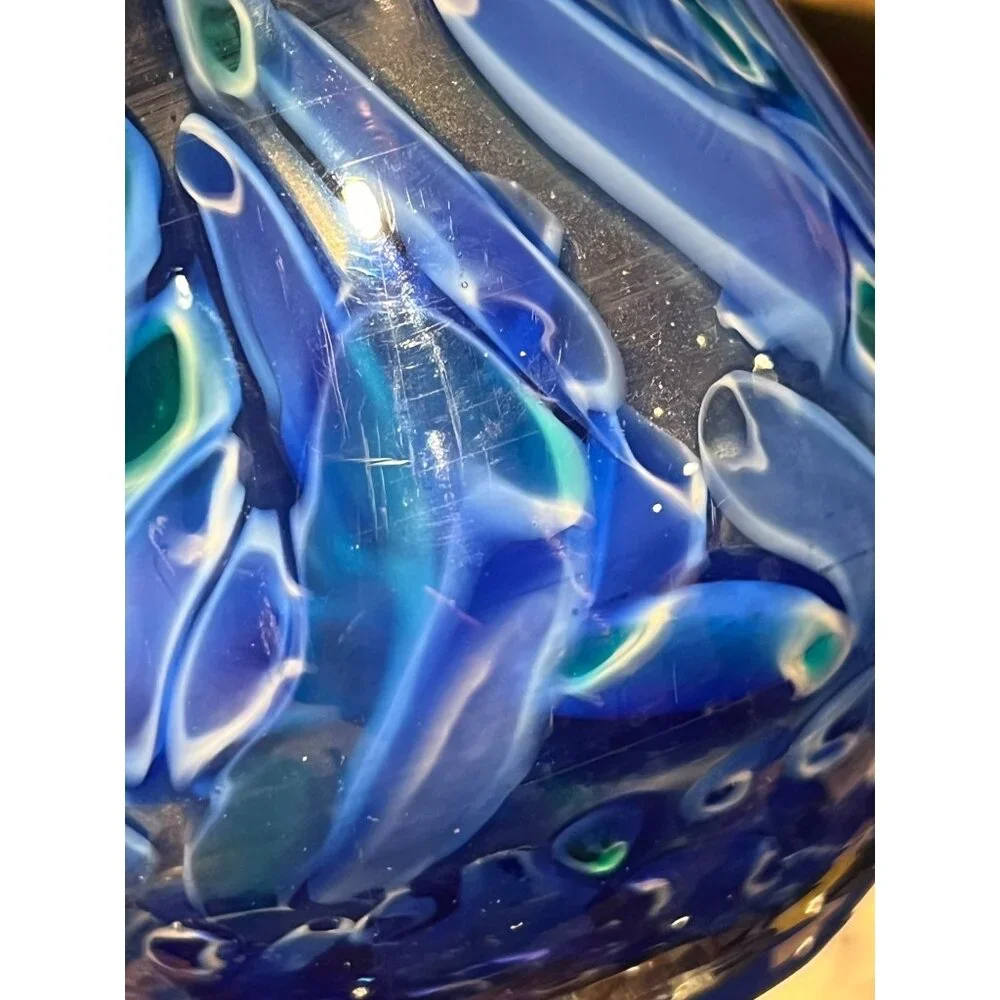 Bohemia Czech Republic Vase Blue & Green Swirl Blown Glass  6” READ Gift Art